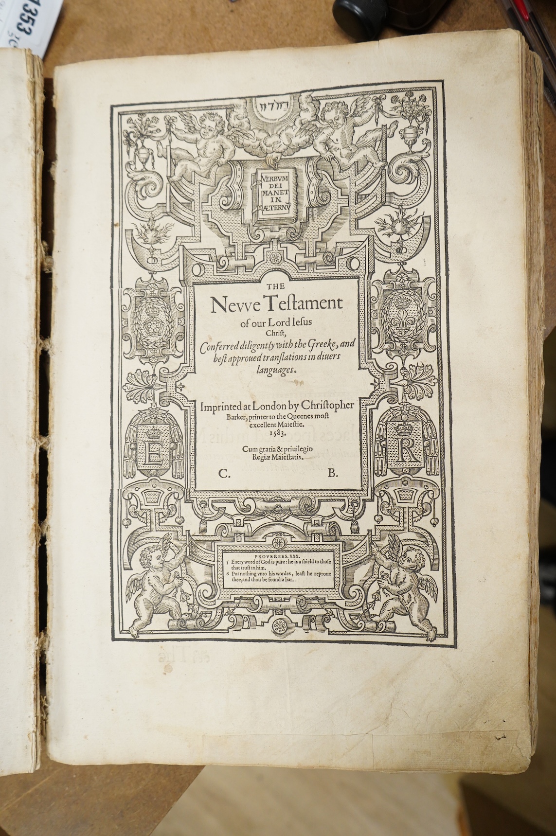 Bible - A Sixteenth Century Elizabethan Geneva version, printed in black letter. [The Bible. Translated according to the Ebrew and Greeke ...With most profitable Annotations ...] i.e. lacks general title, otherwise compl
